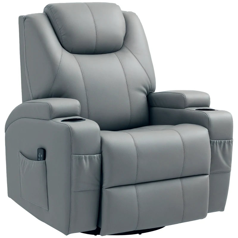 Massage Recliner Chair Leather Swivel Rocker Manual Reclining Chair with 8 Vibration Points, Cup Holders, Light Grey