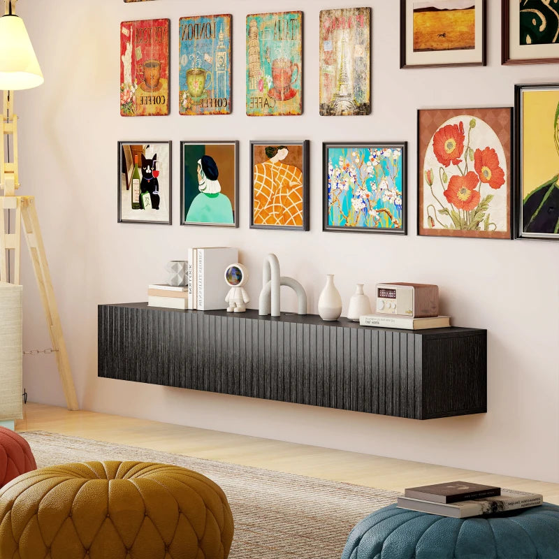 55" Floating TV Stand for TVs up to 72 Inch, Wall Mount Media Console with 2 Fluted Flip-Down Doors, Cable Hole, Black