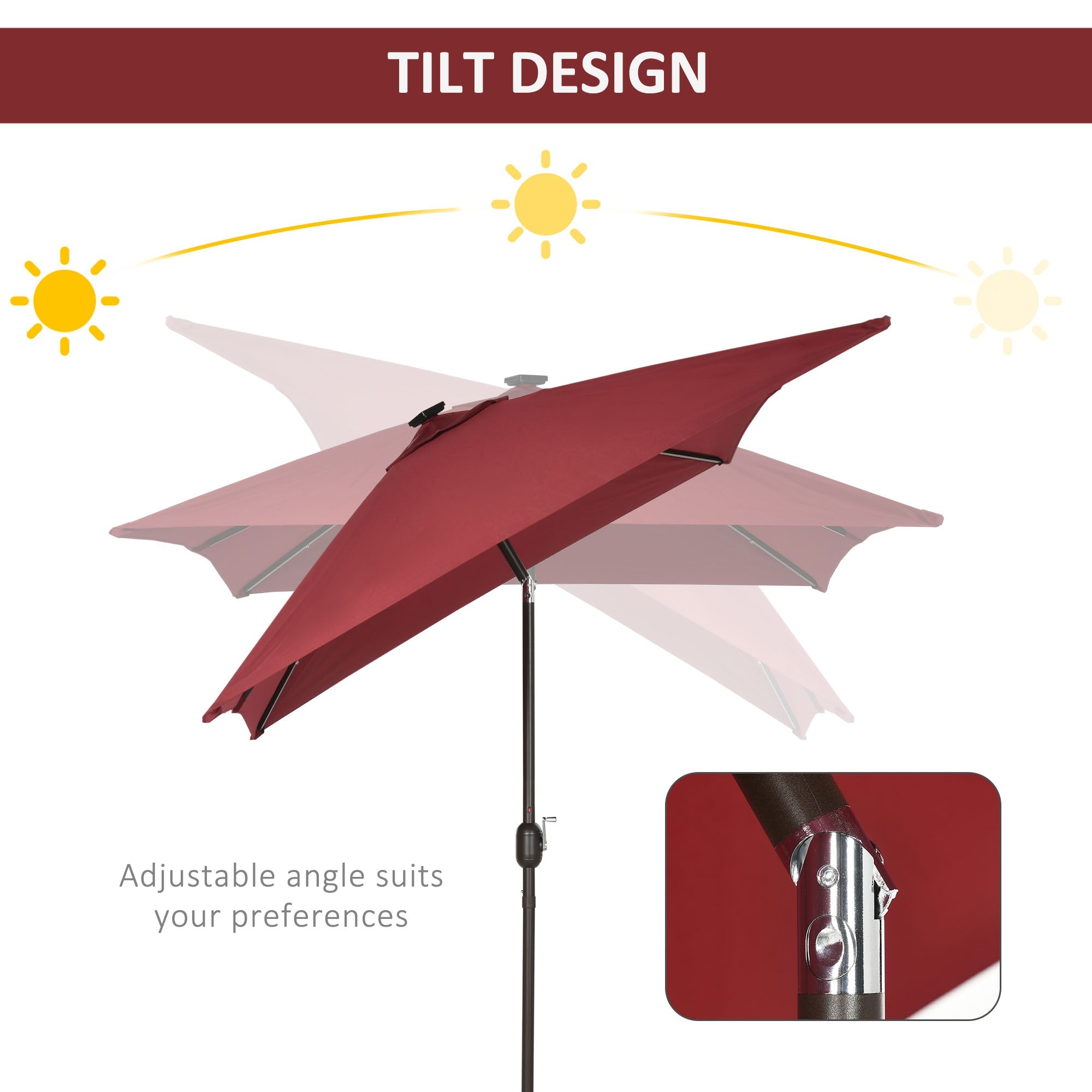 Outsunny 6.5x10ft Patio Umbrella Rectangle Solar Powered Tilt Aluminum Outdoor Market Parasol with LEDs Crank (Wine Red) 