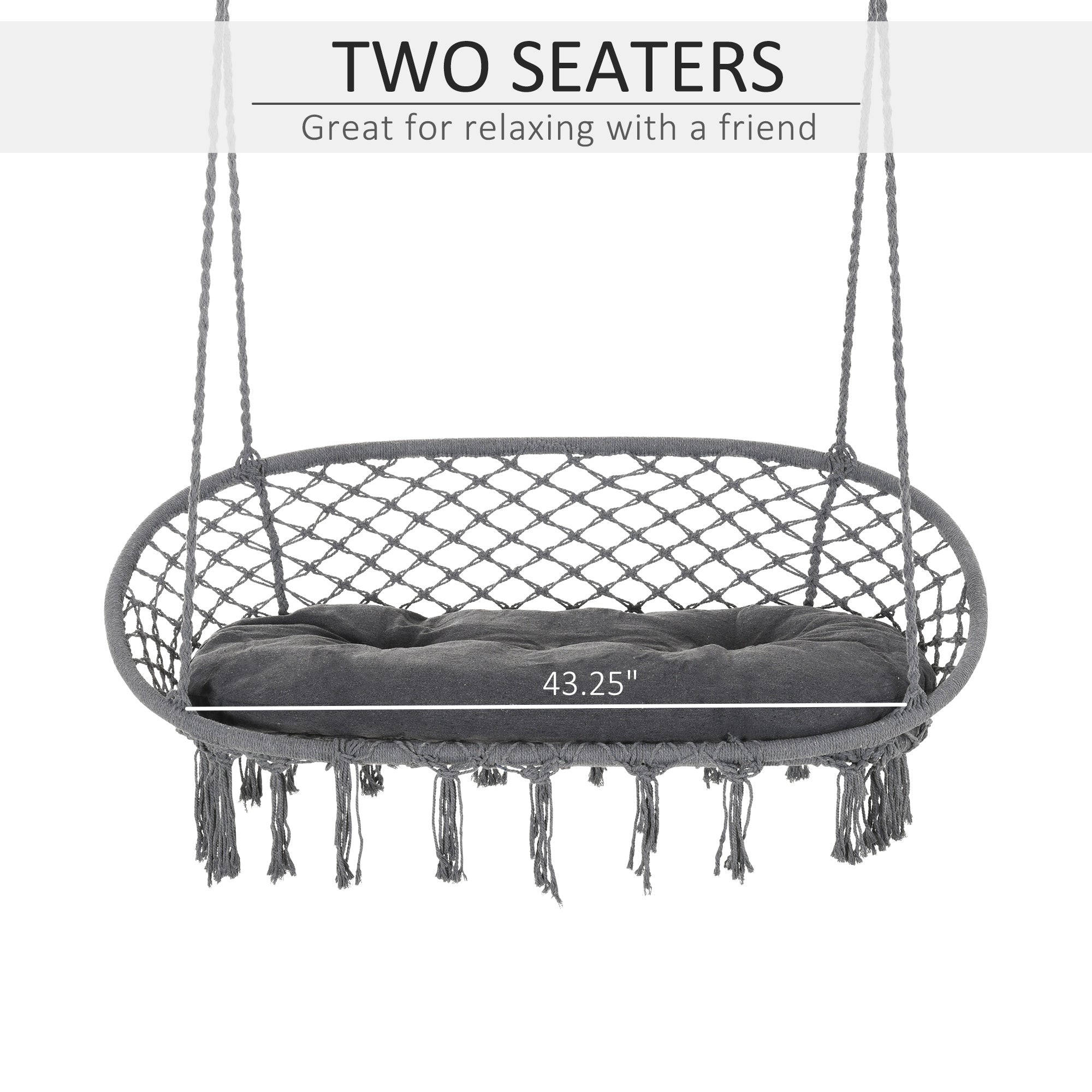 Outsunny Hammock Chair Hanging Rope Swing Metal Frame Cushion Large Macrame Seat Indoor Outdoor Dark Grey 
