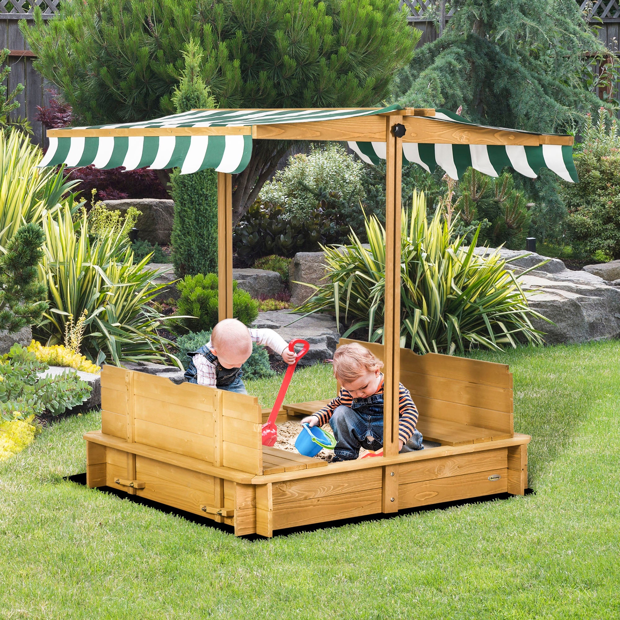 Outsunny Kids Sandbox Wooden with Cover Adjustable Canopy Foldable Bench Seats Sand Play Light Brown 