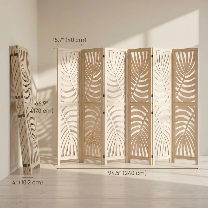 6 Panel Room Divider, Detachable Folding Privacy Screens with Palm Leaf Design for Home Office, Natural Wood