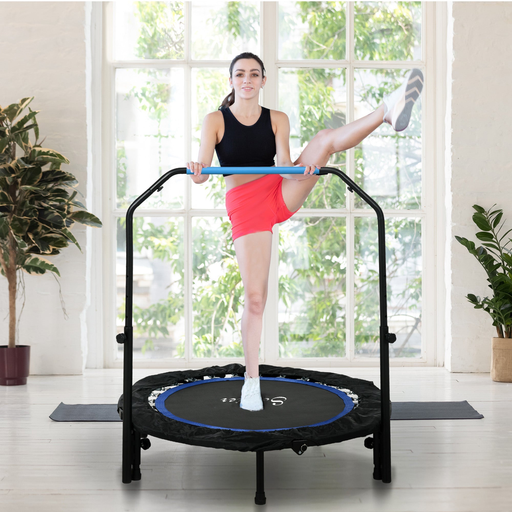 Soozier 40" Foldable Mini Fitness Trampoline, with Adjustable Foam Handle, Blue 