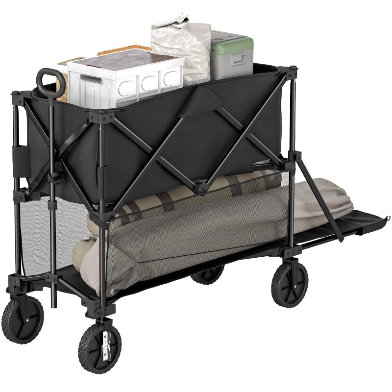 Double Decker Folding Wagon Cart, 450LBS & 350L Capacity Collapsible Garden Cart for Camping Sports Shopping and Beach