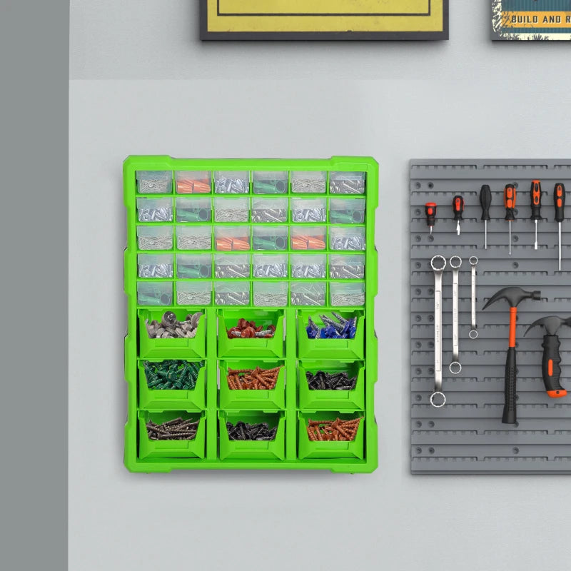 Plastic 39 Drawer Parts Organiser Wall Mount Storage Cabinet for Small Nuts Bolts Tool Green