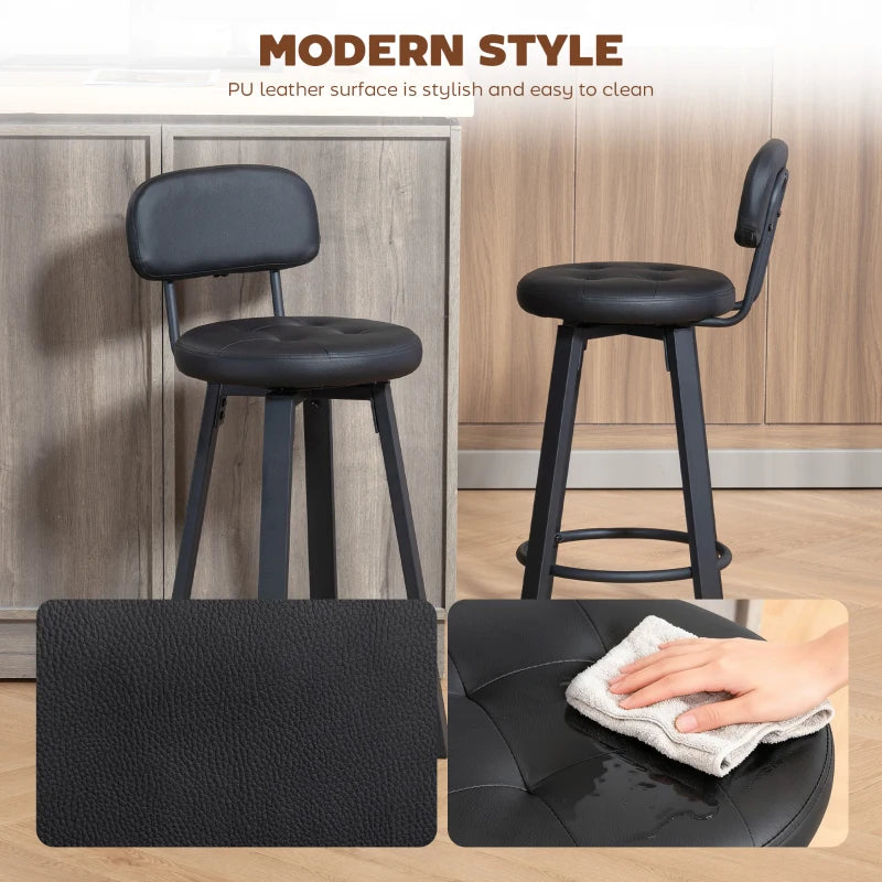 Bar Stools Set of 2, Upholstered Breakfast Bar Chairs with Footrest and Backrest for Kitchen Counter, Black
