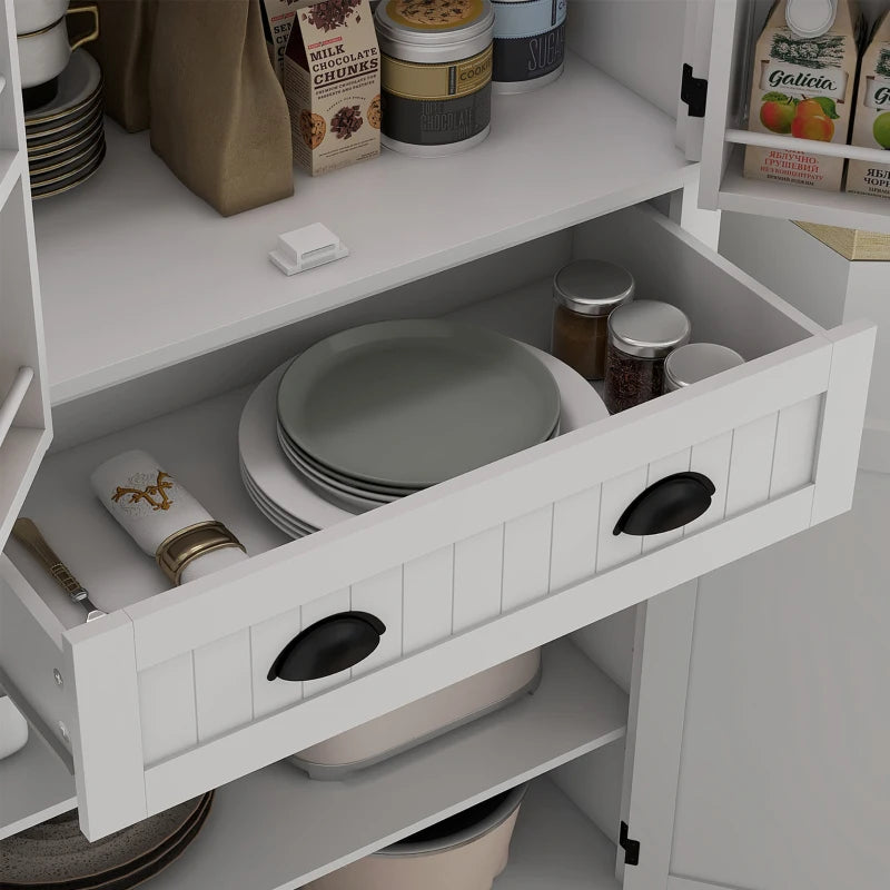 71" Kitchen Pantry Cabinet with LED Lights, 6 Spice Racks, a Drawer and 4 Adjustable Shelves, White