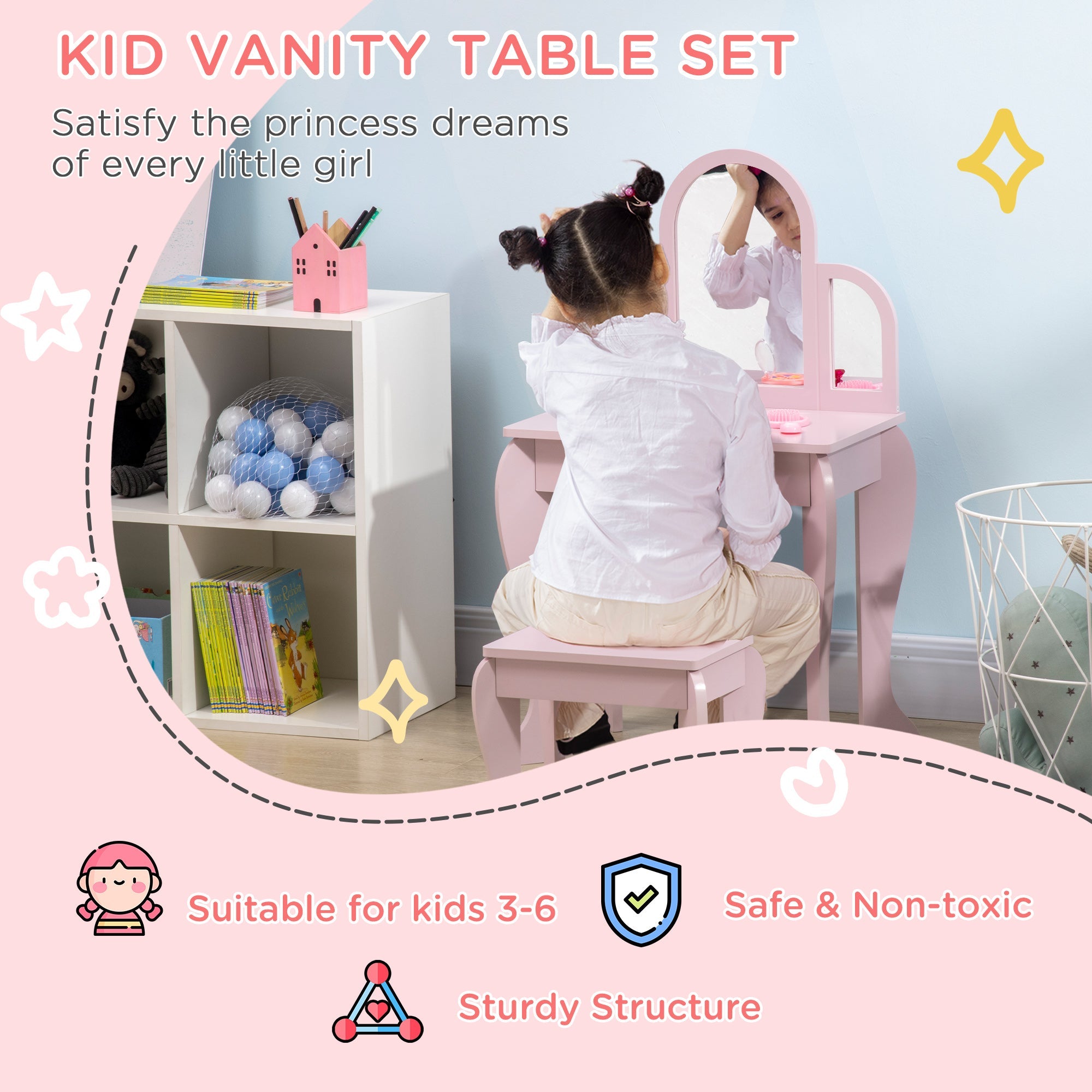 Qaba Kids Dressing Vanity: Makeup Table with Drawer, Chair for Ages 3-6, Pink 