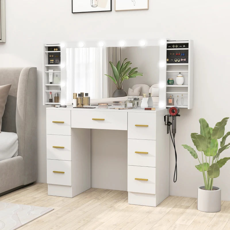 Makeup Vanity Table with Lights, Dressing Table with 7 Drawers, 6 Hidden Sliding Storage Compartments, White