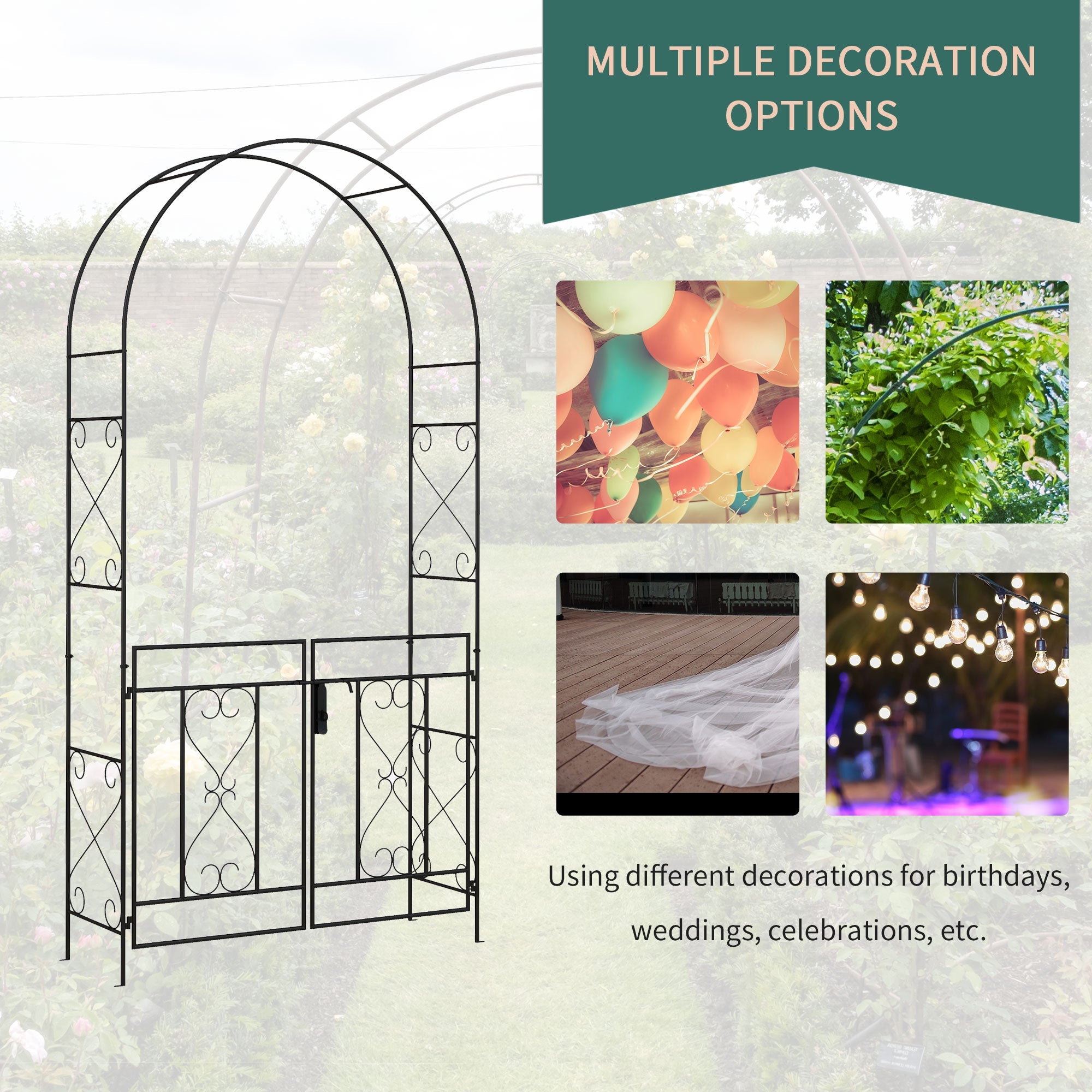 Outsunny 7.6FT Metal Garden Arch with Gate, Garden Arbor Trellis for Climbing Plants, Roses, Vines, Wedding Arch, Black 