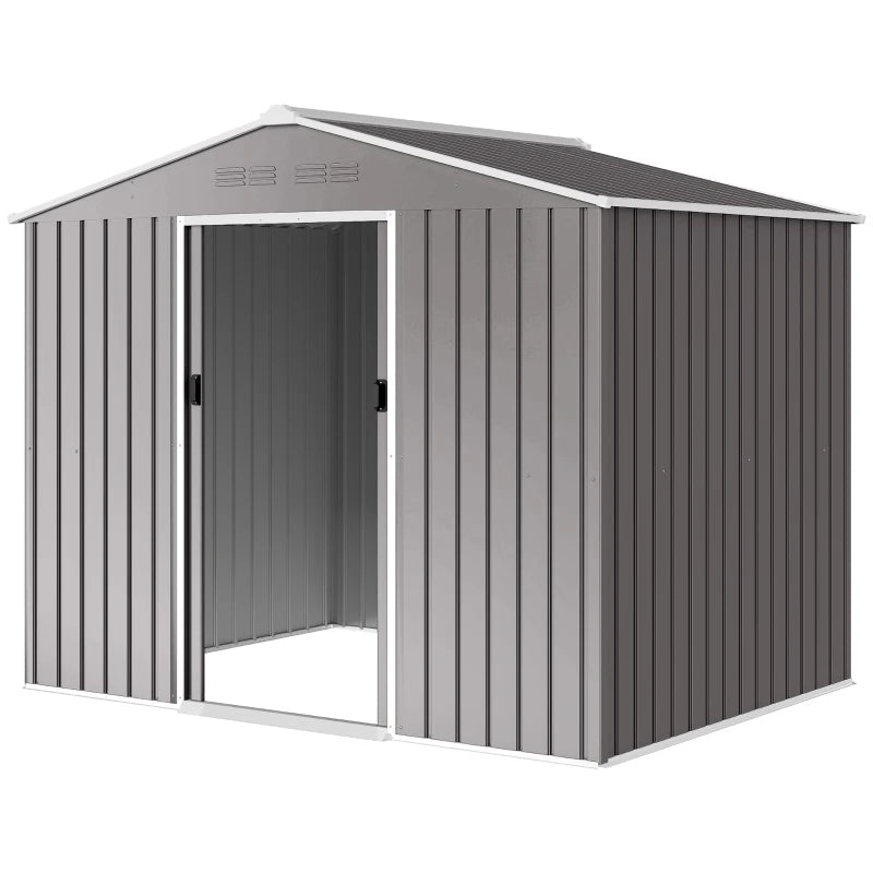 8' x 6' Outdoor Storage Shed, Metal Garden Tool Storage House with Lockable Sliding Doors and Vents, Light Grey