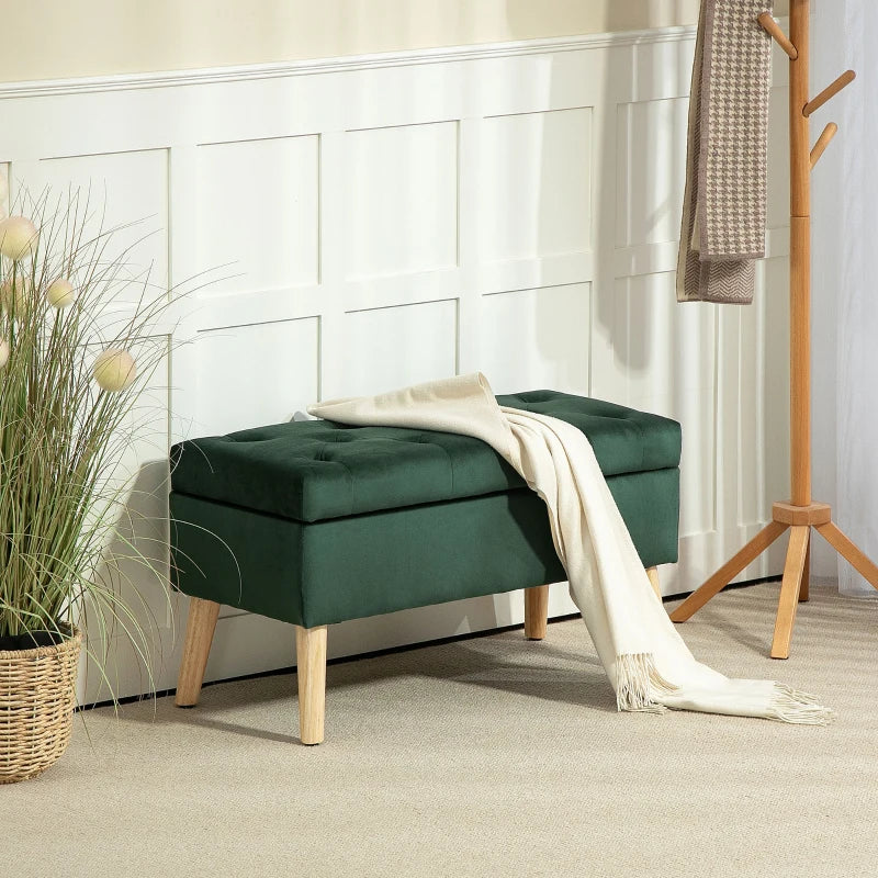 Storage Ottoman with Lid, Velvet Upholstered Storage Bench with Wood Legs for Living Room, Dark Green