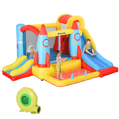 Outsunny Inflatable Kids Bouncy House, 4-in-1 Trampoline Bounce Castle with Slide & Water Pool, Includes Inflator, Ages 3-10 