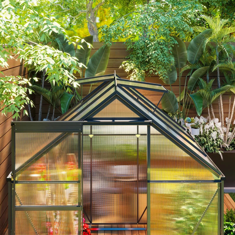 6' x 6' x 6.5' Polycarbonate Greenhouse, Walk-in Green House with Adjustable Roof Vent Galvanized Base Sliding Door Rain Gutter for Outdoor Garden Backyard, Grey