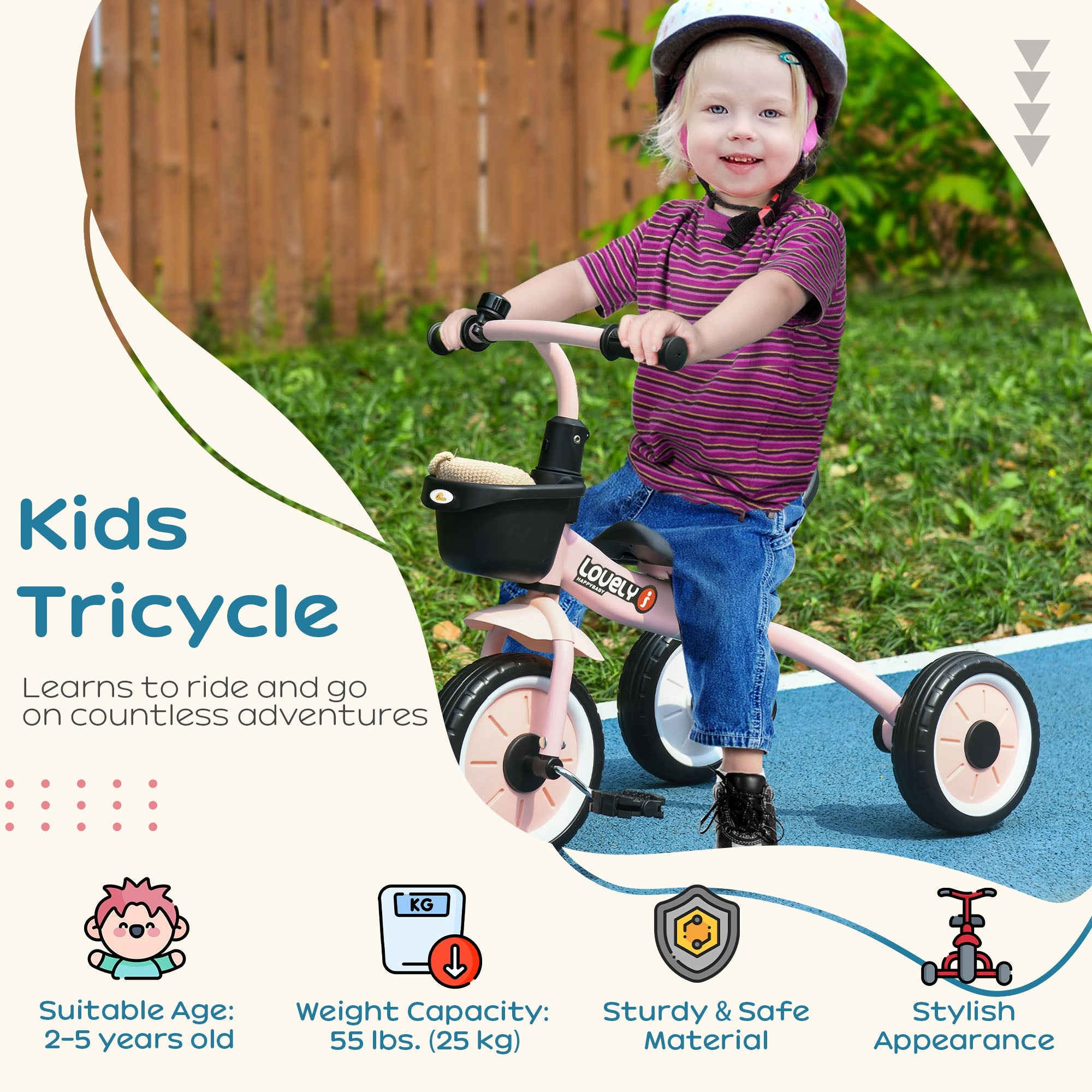 Qaba Kids Tricycle: Adjustable Seat 2-5 Years, Basket, Bell, for Girls/Boys, Pink, Toddler Trike 