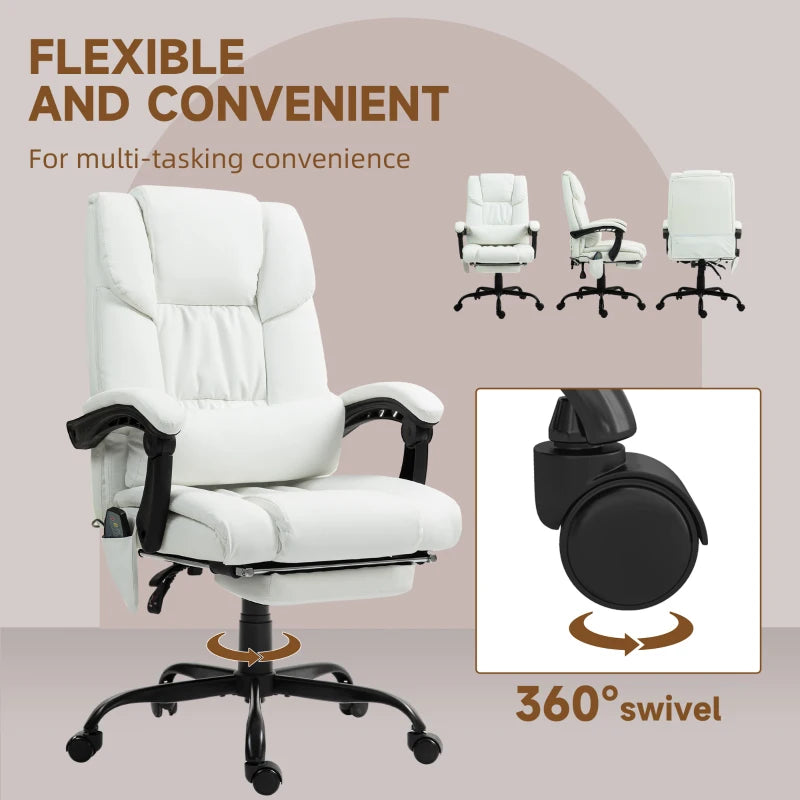 6-Point Vibration Massage Chair, Height Adjustable Reclining Computer Chair with Retractable Footrest, White