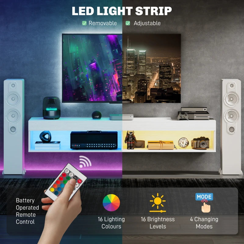 Modern Wall Mounted TV Stand with Storage and LED Lights for TVs up to 75", Floating TV Shelf for Living Room, White