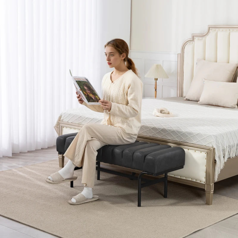 Bedroom Bench PU Leather End of Bed Bench with Cylindrical Seat and Metal Legs for Bedroom Living Room Hallway Black