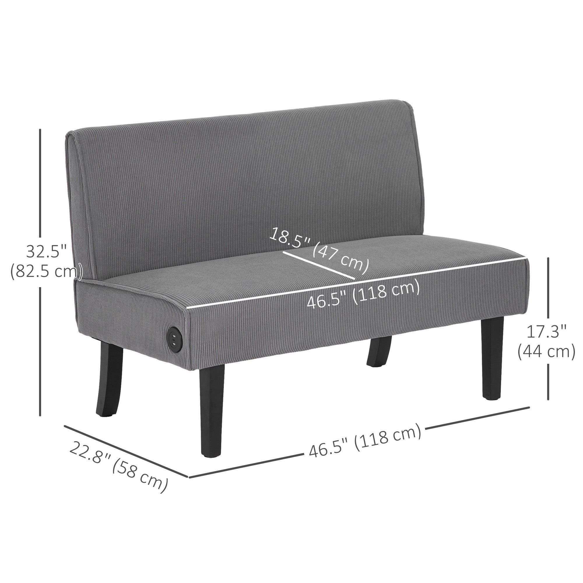 HOMCOM 46.5" Loveseat Couch with USB Ports, Corduroy Love Seat Sofa with Wood Legs for Living Room, Bedroom, Small Space, Grey 