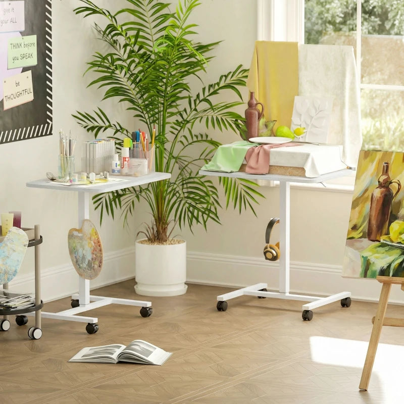 Height Adjustable Standing Desk, Pneumatic Sit Stand Desk with Wheels and Headphone Hook, White Wood Grain