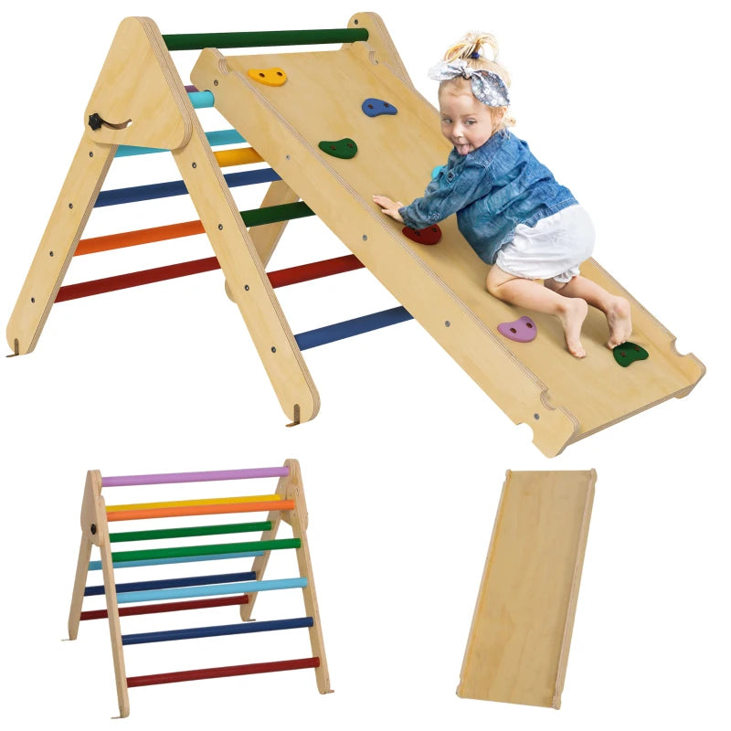 Qaba Pikler Triangle Set, 3 in 1 Climbing Toys with Ramp for Toddlers, Nature Wood