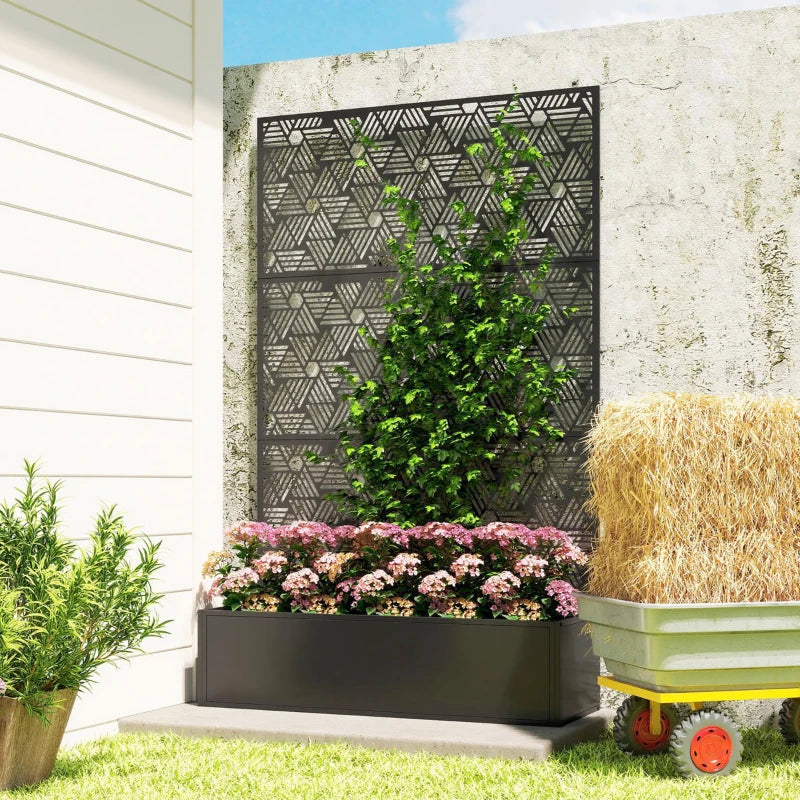 Metal Planter Box with Trellis, 70" Tall Raised Garden Bed with Privacy Screen, Hexagon and Line Cut-Out