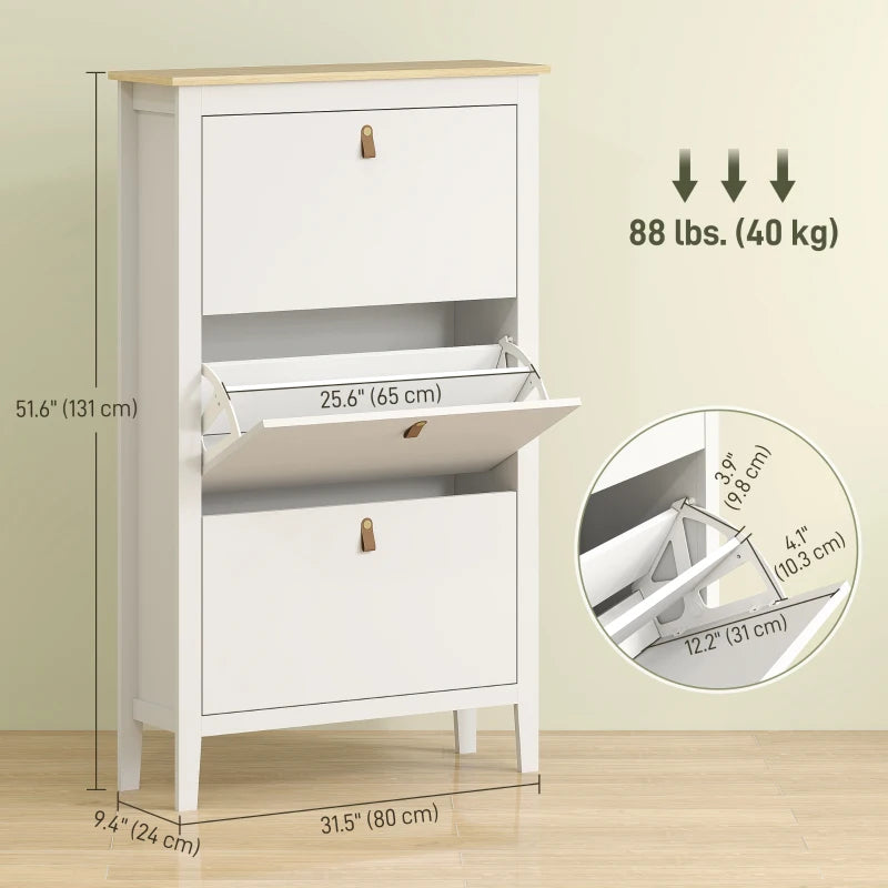 Narrow Shoe Cabinet with 3 Flip Drawers, Adjustable Shelves for Entryway, Holds 15-21 Pairs, White