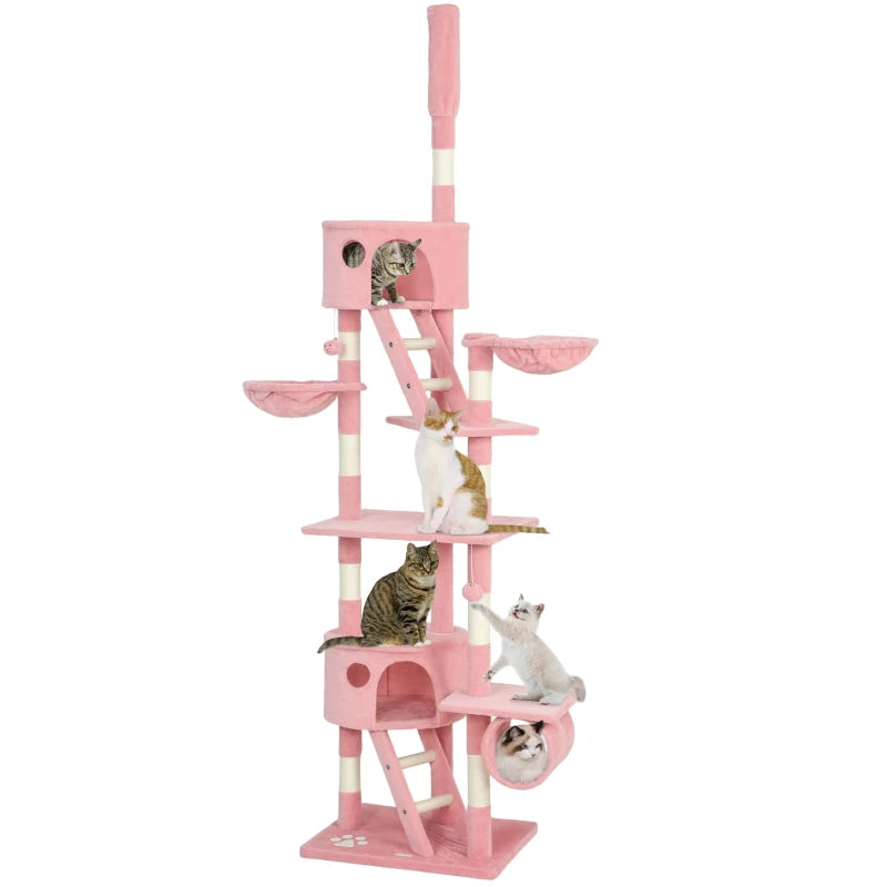 94"-102" Floor to Ceiling Cat Tree High Cat Condo Scratching Post Activity Center Multi-Level Play House Pink