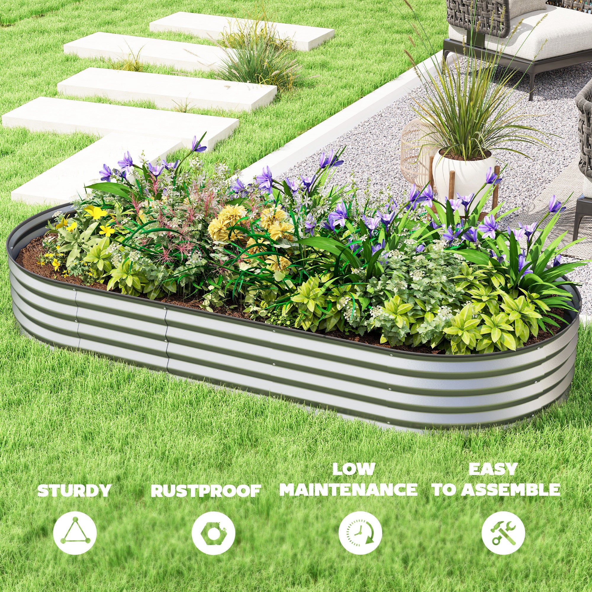 Outsunny 7' x 3' x 1' Large Outdoor Planter Box, Galvanized Raised Garden Bed with Metal Plant Stake, Silver 