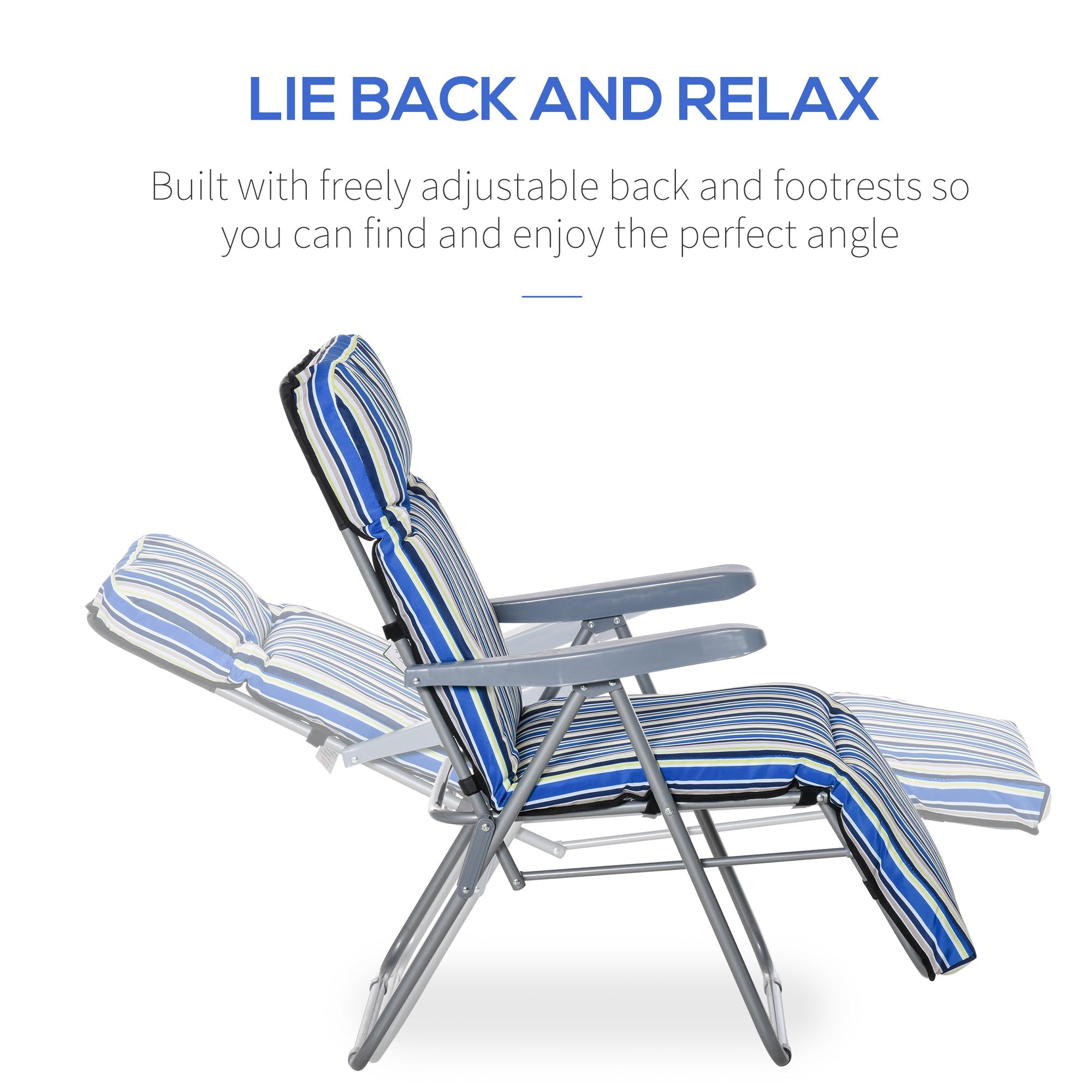 Outsunny Set of 2 Garden Sun Lounger, Outdoor Reclining Seat Cushioned Seat, Foldable Adjustable Recliner, Grey and Blue 