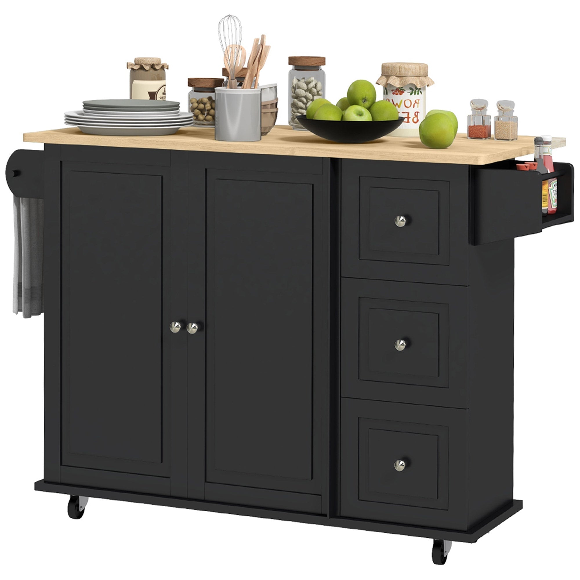 HOMCOM Mobile Kitchen Island: On Wheels, Drop Leaf, Drawers, Natural Wood Top, Storage Cart 