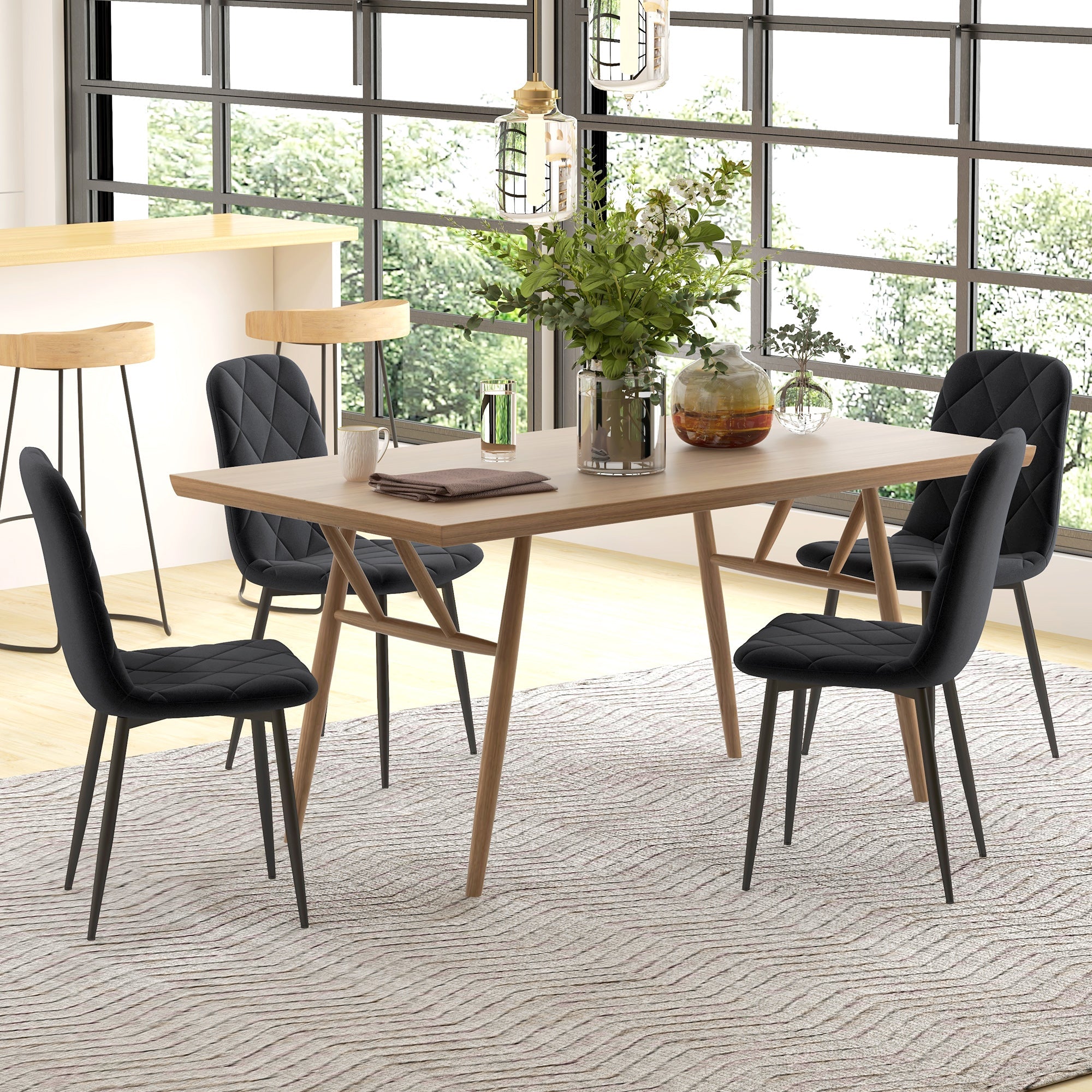 HOMCOM Dining Chairs Set of 4, Upholstered Dining Room Chairs with Steel Legs, Modern Kitchen Chair for Dining Room, Black 