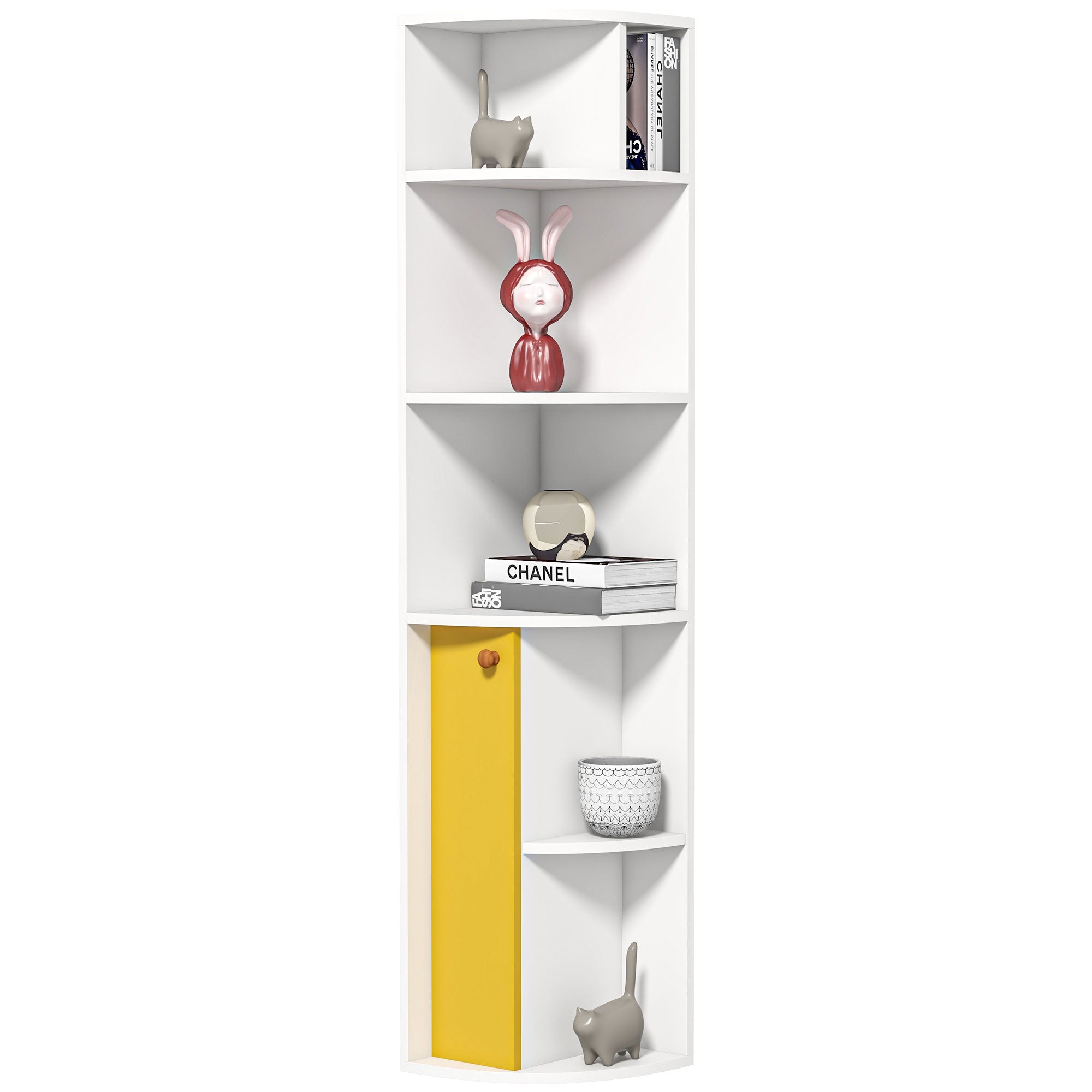 HOMCOM Corner Convenience: 5-Tier Bookshelf with Storage Cupboard Door Organizer for Home Office, White Finish 