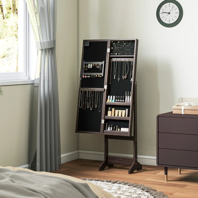 Free Standing Armoire Organizer, Lighted Mirrored Jewelry Cabinet w/ Angle Adjustable & 16 LED Lights, Dark Brown