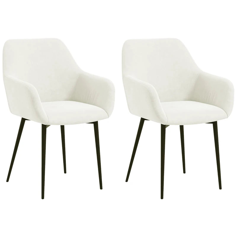 Dining Chairs Set of 2, Velvet-look Fabric Upholstered Kitchen Chairs with Backrest, Armrests and Steel Legs, Cream White