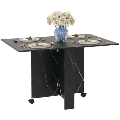 HOMCOM 6-Person Folding Dining Table with Wheels Drop Leaf Faux Marbled Black Side Table for Kitchen Dining Room 