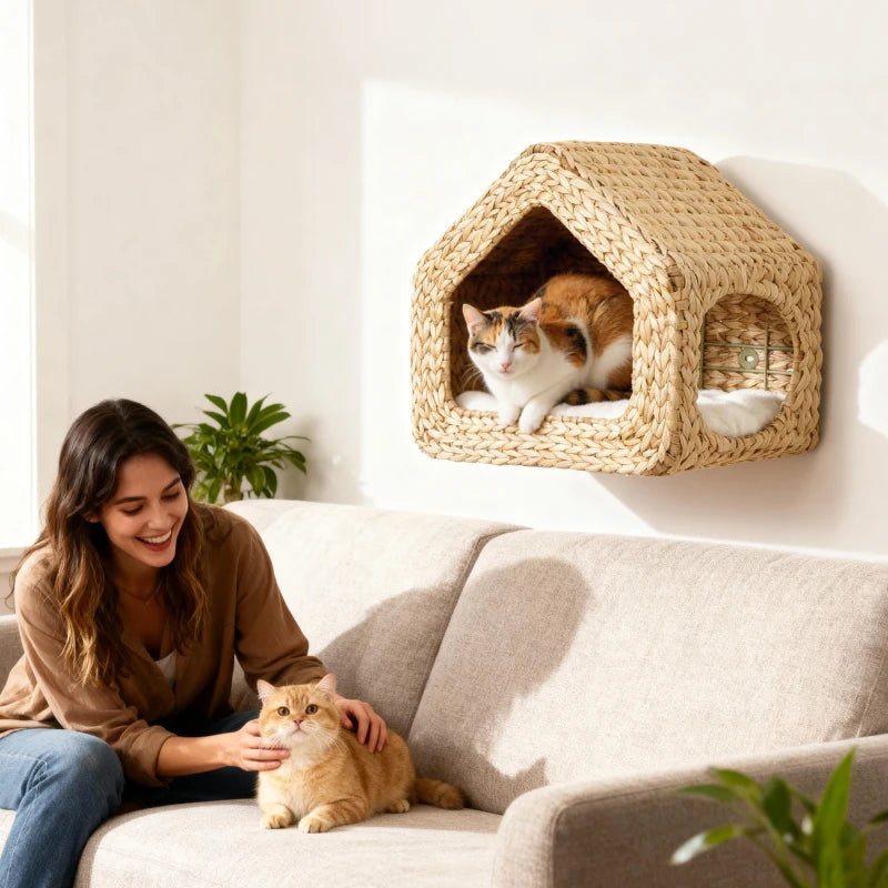 Cat Wall Shelf, Wall Mounted Cat House with Washable Cushion, Kitty Shelf Furniture for Indoor Kittens, Natural