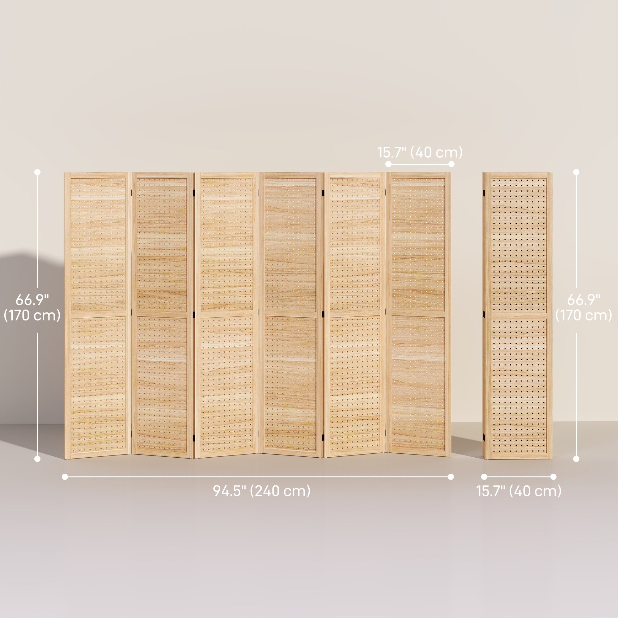 HOMCOM 5.6 Ft. Tall 6-Panel Room Divider, Pegboard Panel Freestanding Folding Privacy Screen Panels, Partition Wall Divider for Indoor Bedroom Office, Natural 