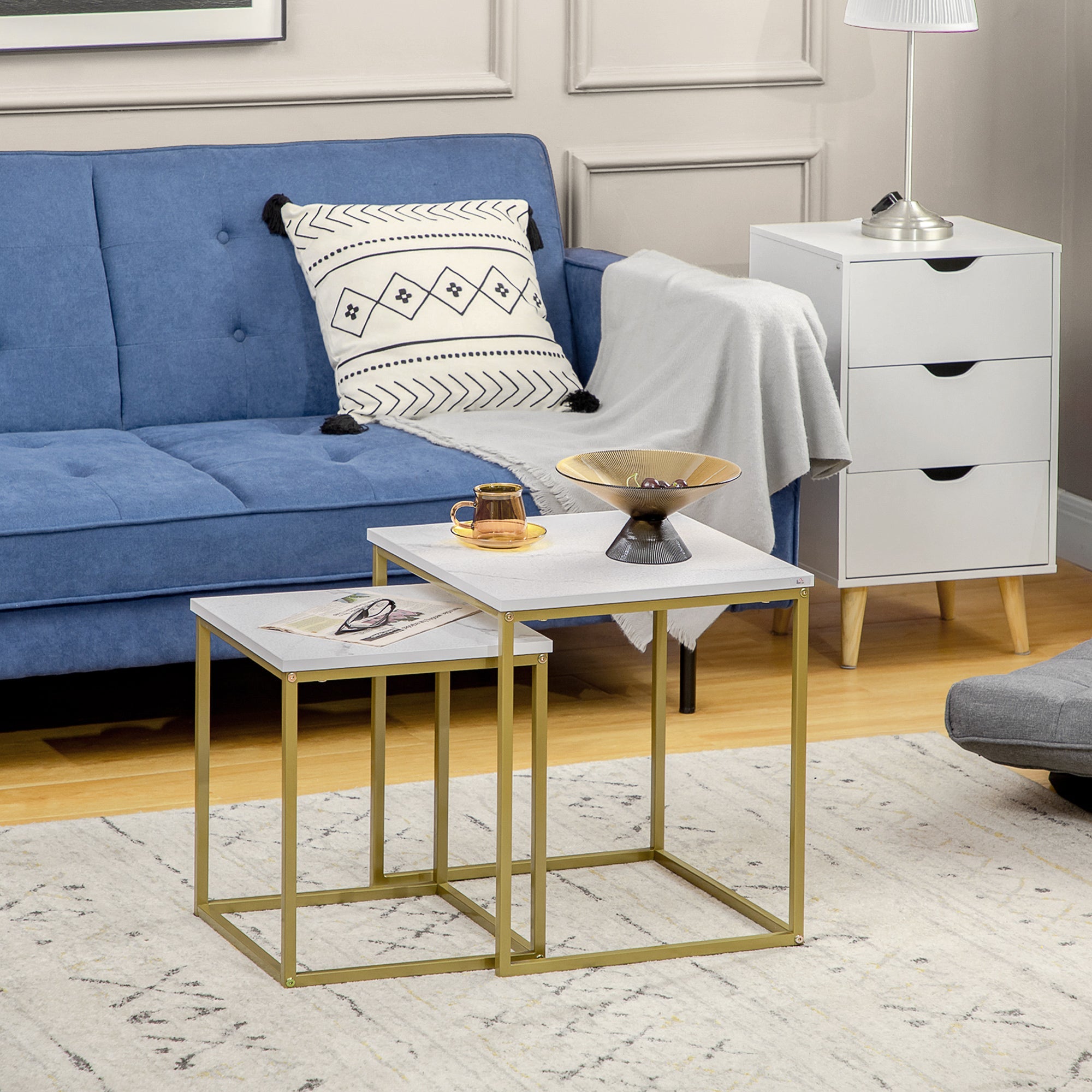 Homcom White Nesting Side Tables: 2-Piece Square Stacking Set with Metal Frame for Living Room/Bedroom 