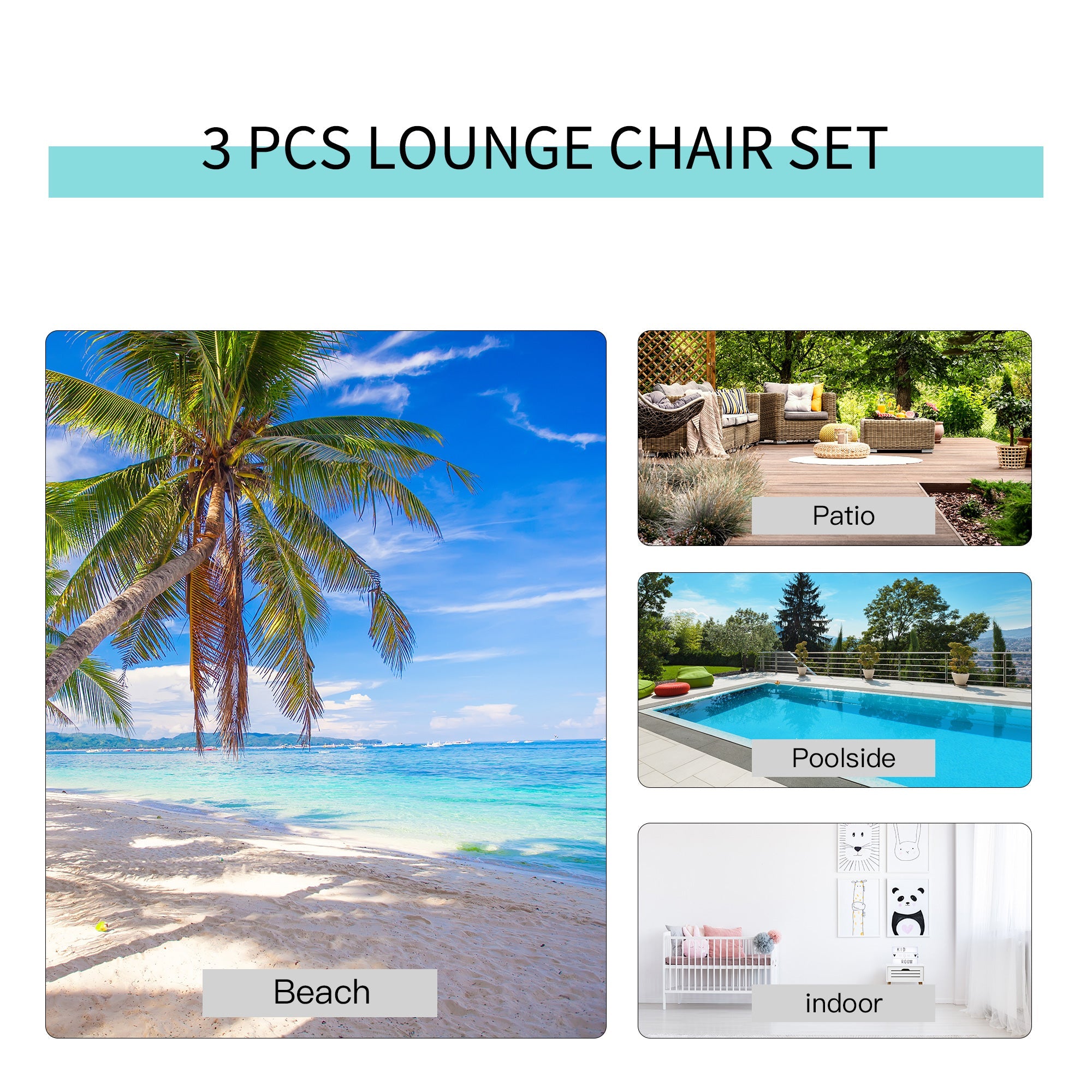 Outsunny 3 Pieces Patio Lounge Chair Set Outdoor Sunbathing Chair with Table for Yard Garden, Cream White 