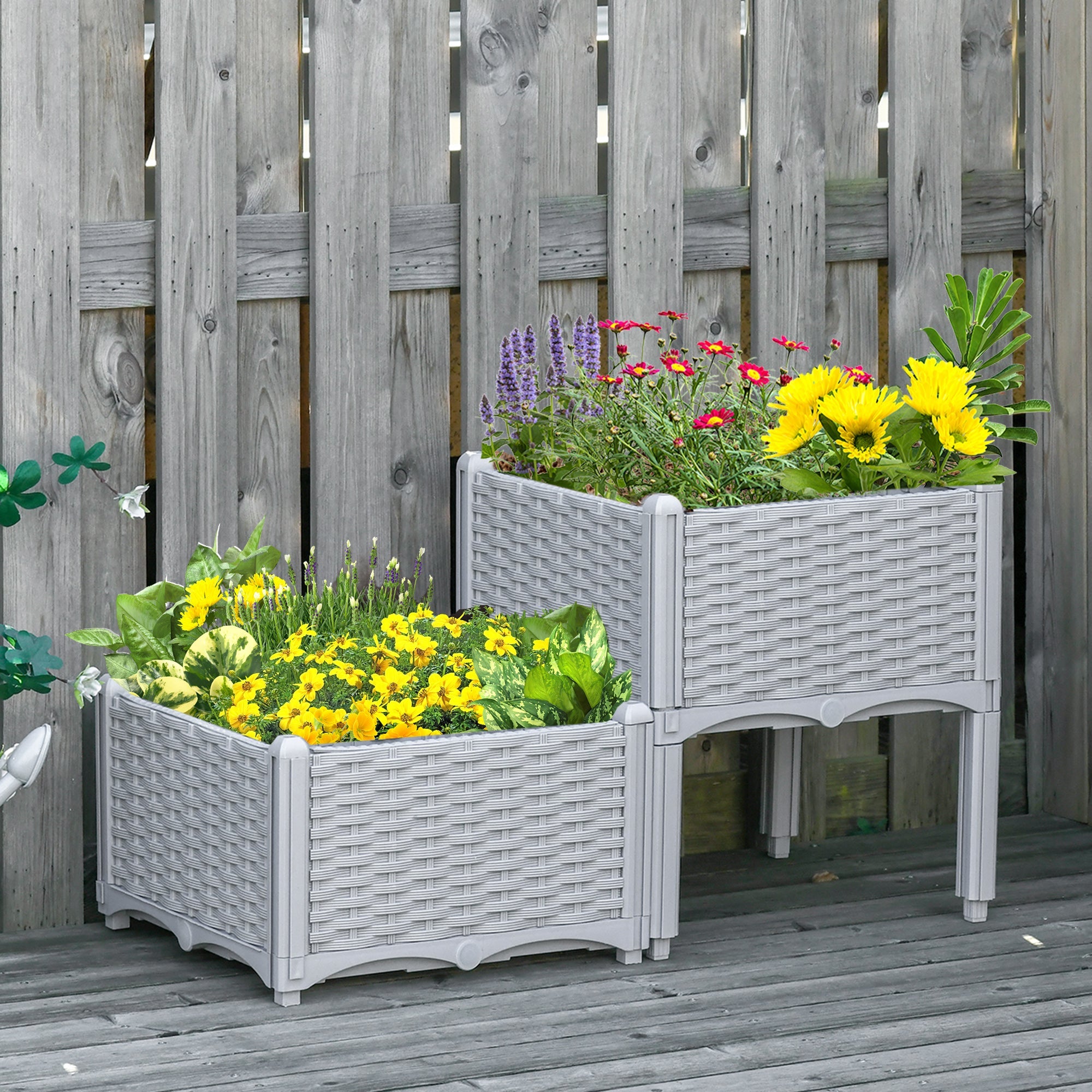 Outsunny 2 Piece Raised Garden Bed PP Raised Flower Bed Vegetable Herb Grow Box Stand Light Grey 