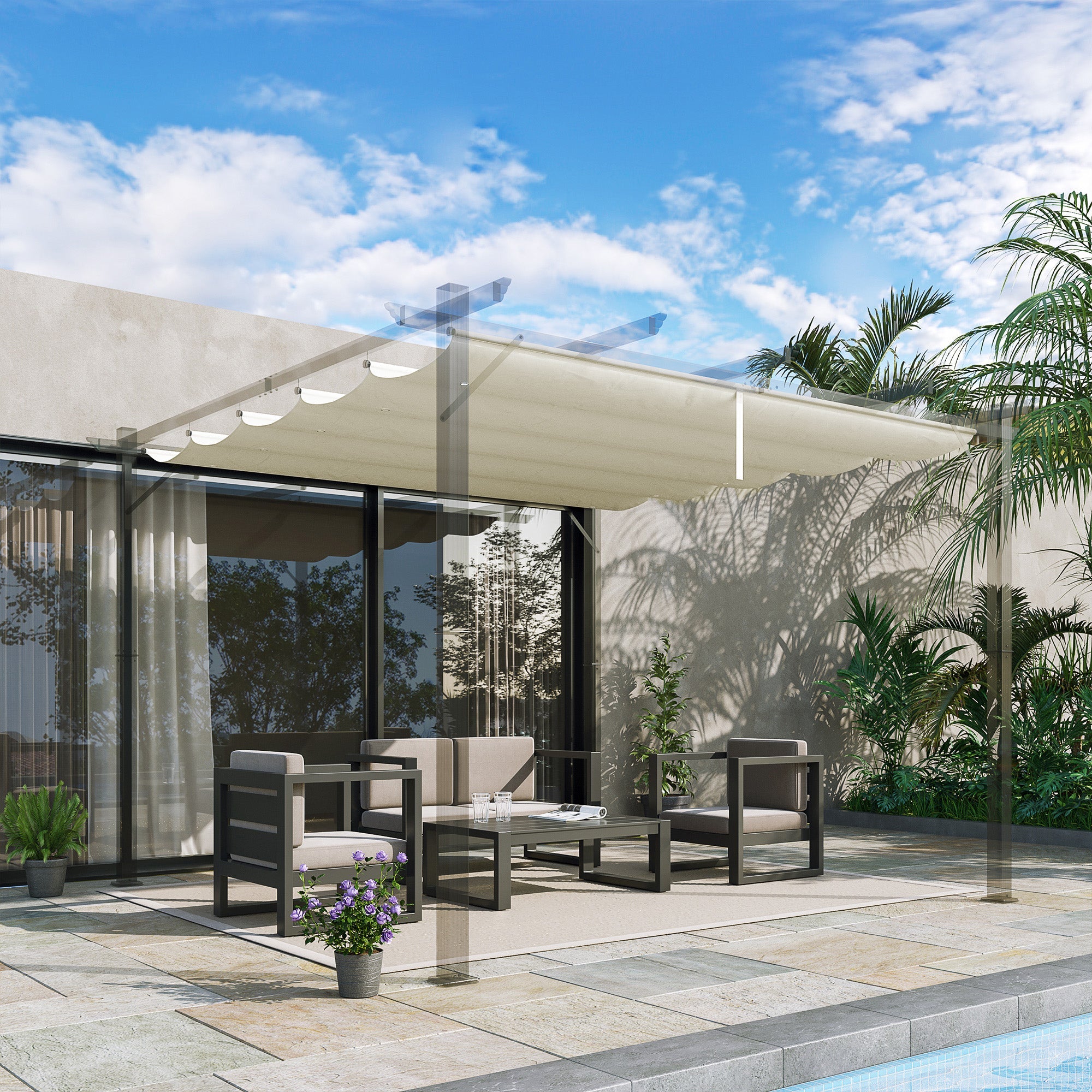 Outsunny Retractable Replacement Pergola Canopy for 9.8' x 9.8' Pergola, Pergola Cover Replacement, Cream White 