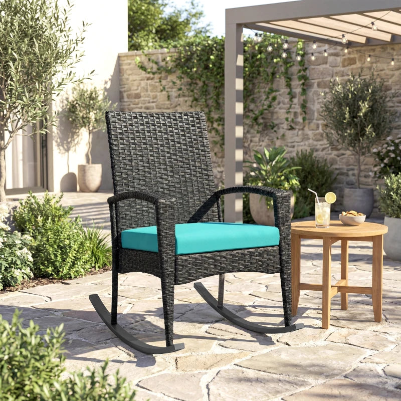 Outdoor Rocking Chair, Patio Wicker Chair Removable Cushion, High Back and Armrests for Porch Balcony, Turquoise