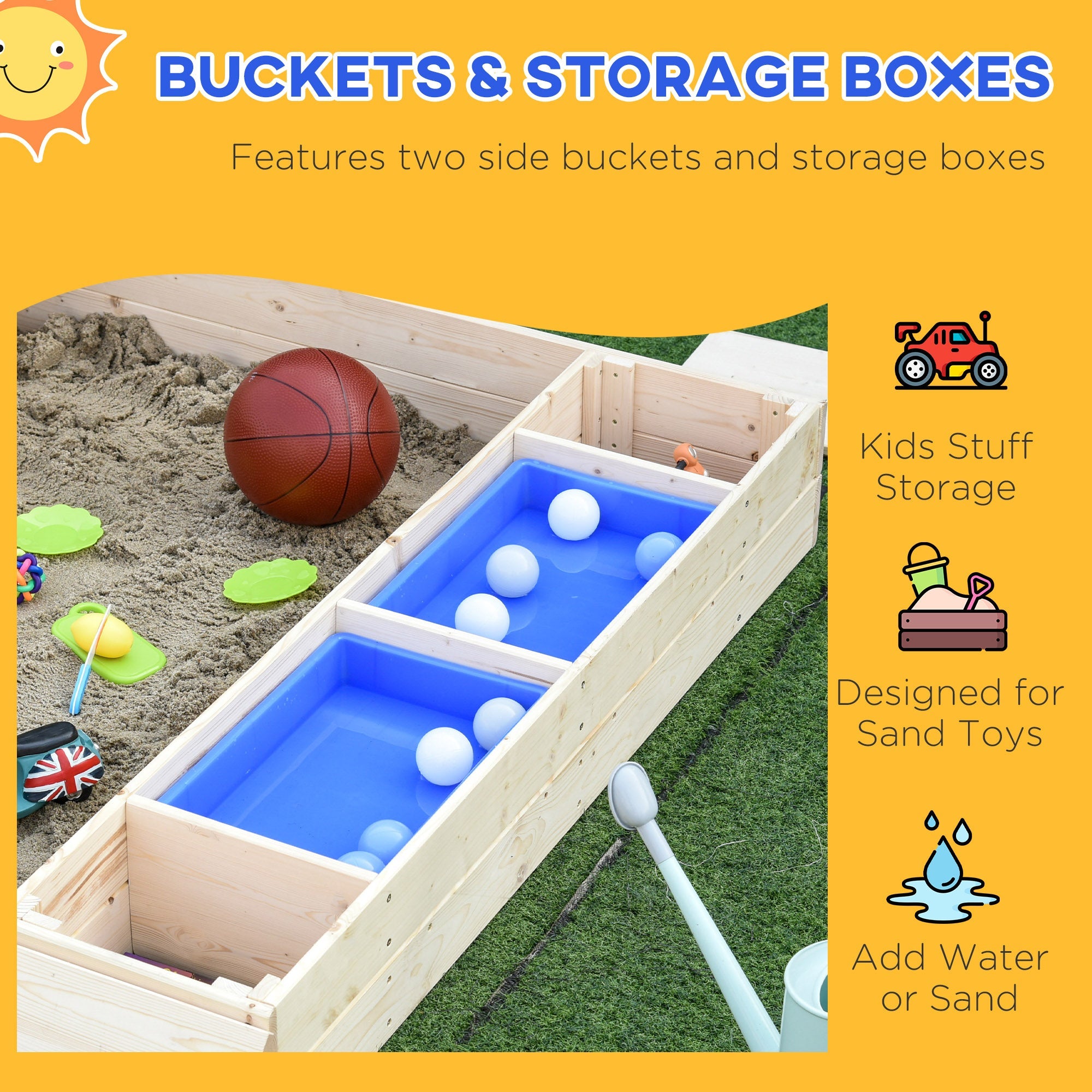 Outsunny Wooden Kids Sandbox with Foldable Bench Seat, 2 Plastic Boxes, Bottom Liner, Storage Space for Garden, Backyard 