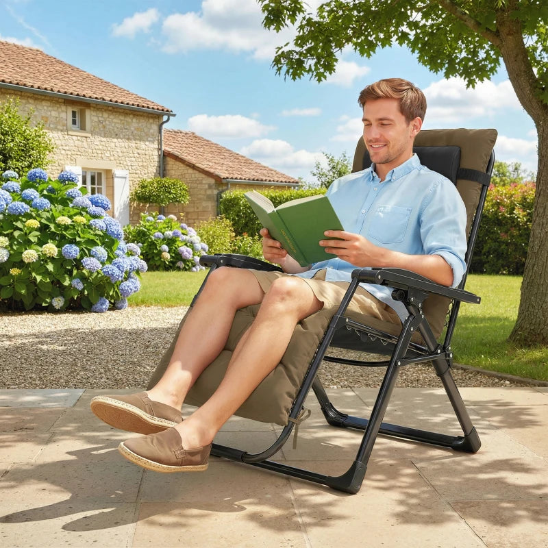 Folding Garden Chair, Reclining Zero Gravity Chair, Sun Lounger with Cushion and Headrest, Khaki