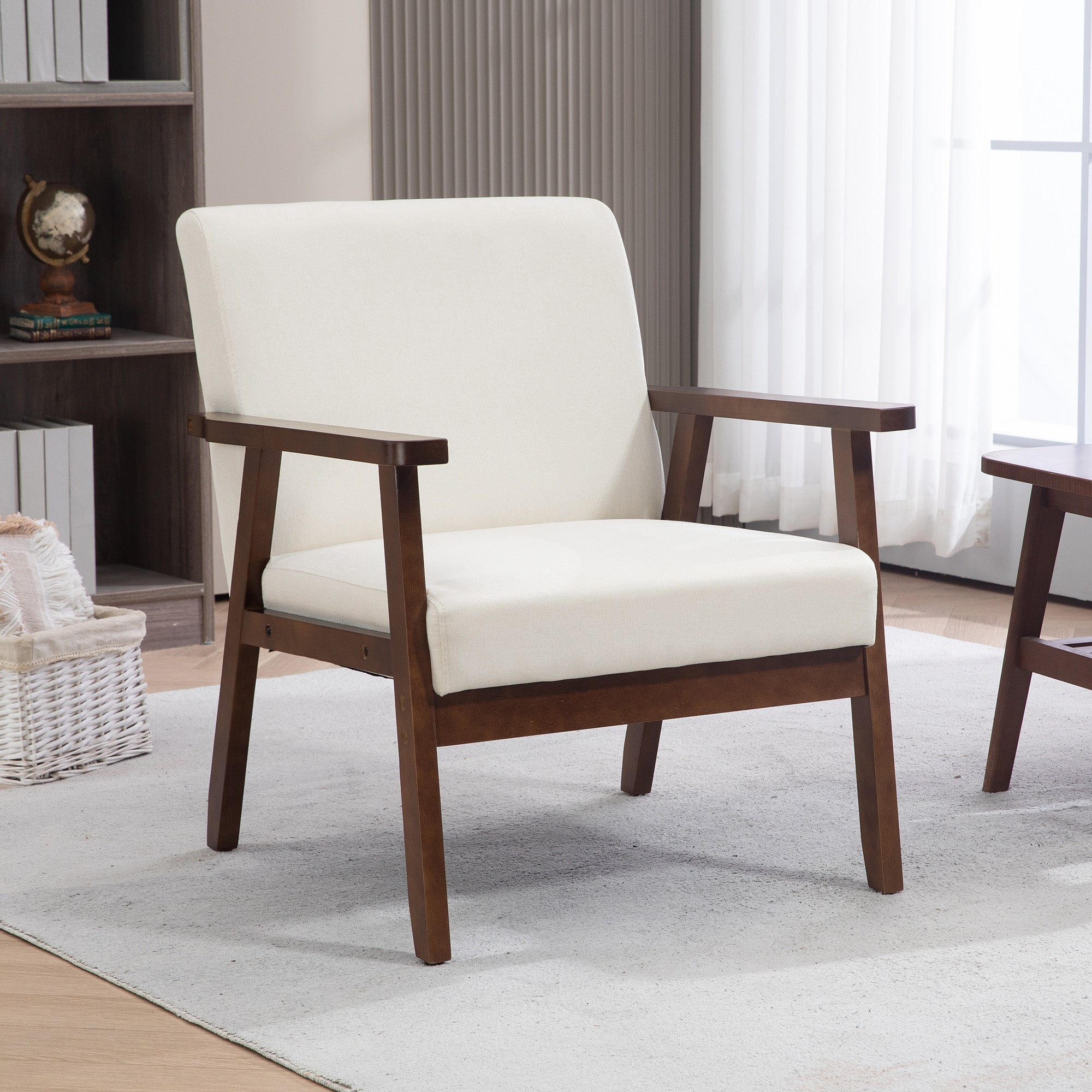 HOMCOM Accent Chair Modern Cushioned Seat Upholstered Linen Armchair Bedroom Living Room Cream White 