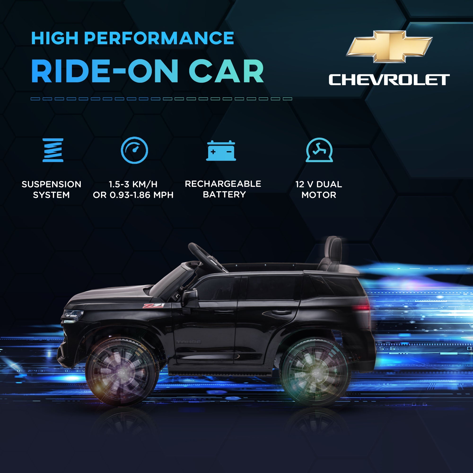 Aosom 12V Ride on Car Licensed Chevrolet TAHOE with Remote Control, 3 Speed, LED Light, Horn, Music, for 3–6 Years Old, Black 