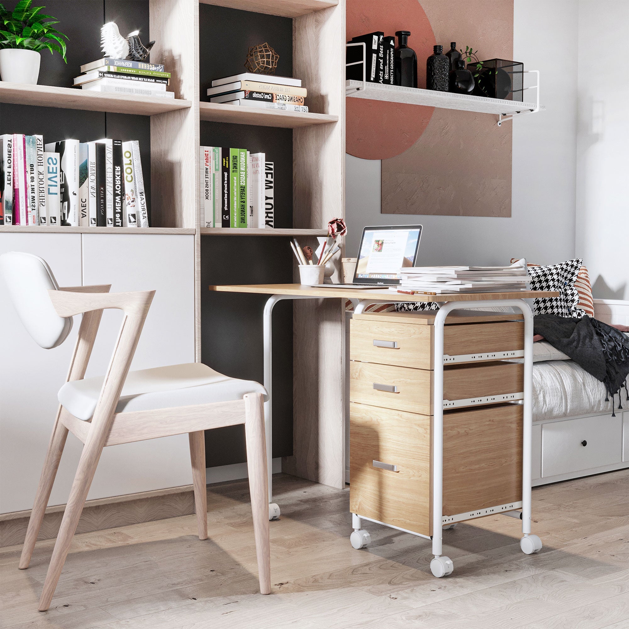 HOMCOM Foldable Desk: Drawers, Storage Shelf, Home Office Workstation, 6 Wheels, Space Saving 