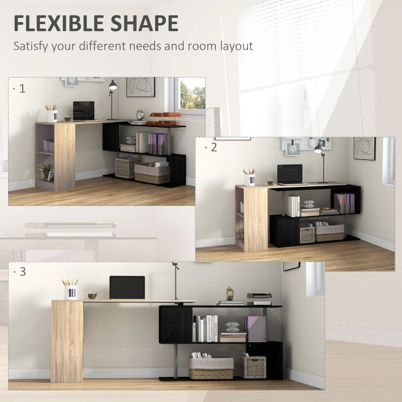 55" Corner Computer Desk, 360° Rotating L-Shaped Desk, Home Office Workstation with 3-Tier Shelves, Bookshelf