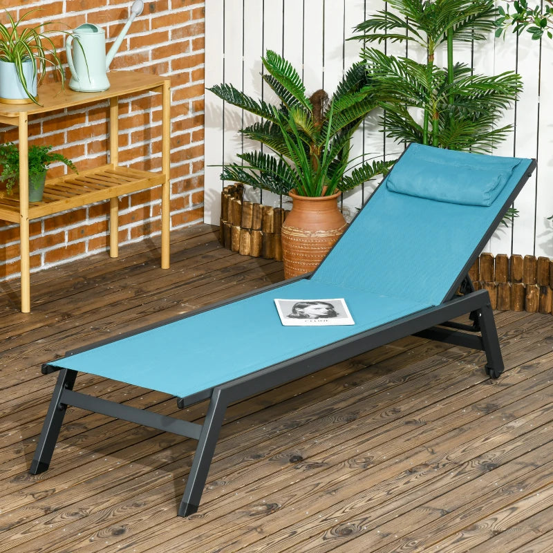 Outdoor Lounge Chair, 5-Position Tanning Chair with Wheels, Headrest, Aluminum Frame for Poolside, Beach, Blue